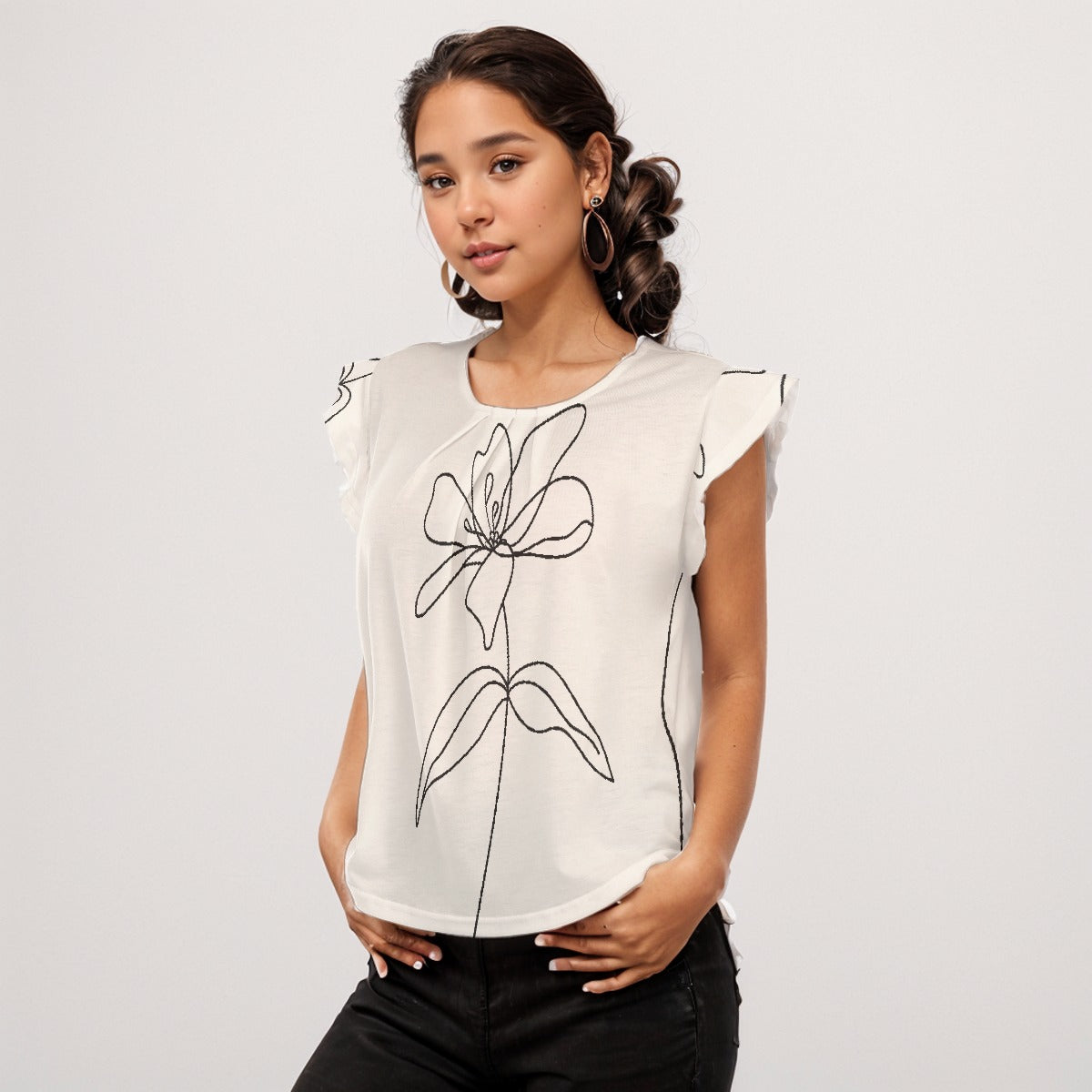 Lonely flower Women's O-neck T-shirt With Ruffle Sleeves