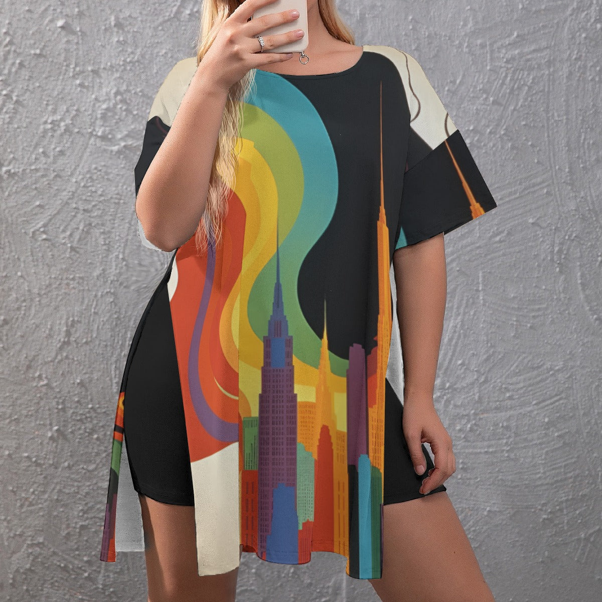 Colorful city Women's Drop-Shoulder T-Shirt with Side Split and Shorts (Plus Size)