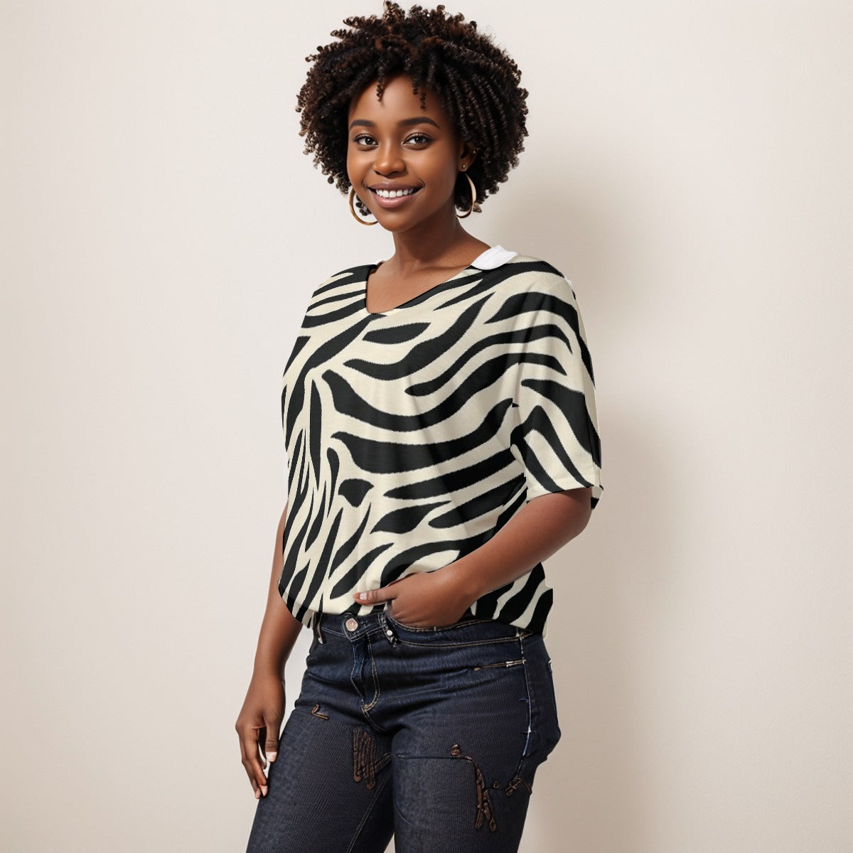 Zebora Women's Bat Sleeves V-Neck Blouse