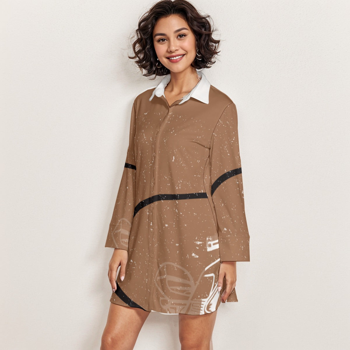 Going in circles Women's Lapel Shirt Dress With Long Sleeve