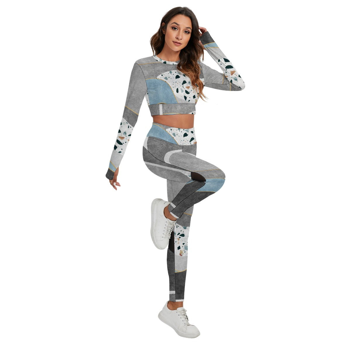 Marble Mix Women's Sport Set With Backless Top And Leggings