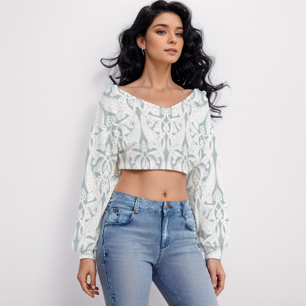 Tribal Women's V-neck Long Sleeve Cropped Sweatshirt