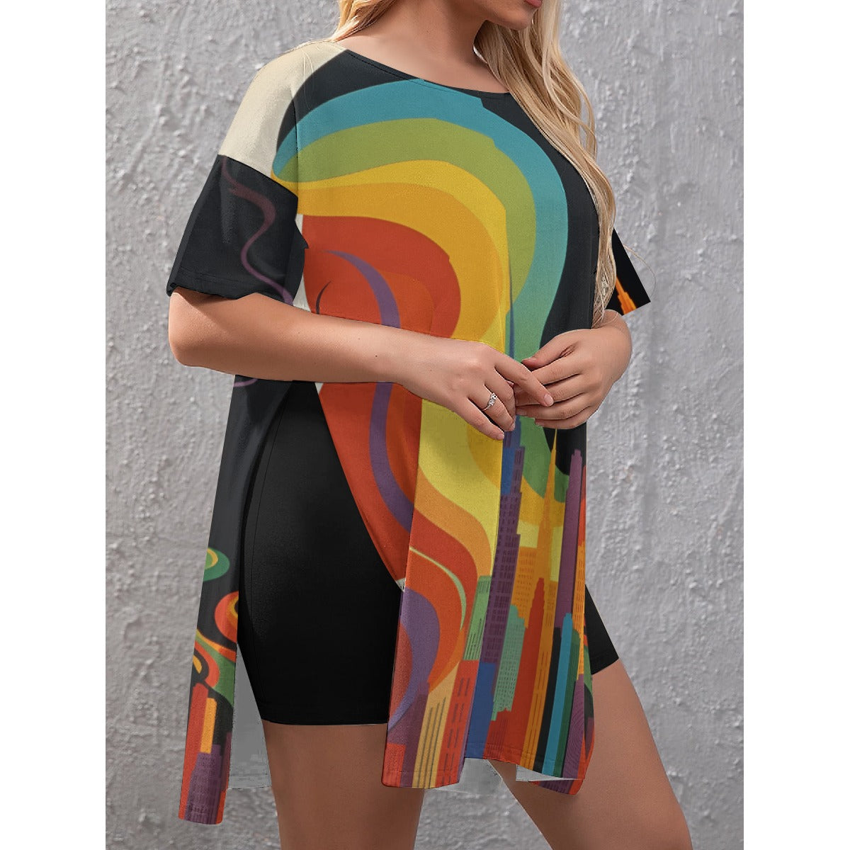 Colorful city Women's Drop-Shoulder T-Shirt with Side Split and Shorts (Plus Size)