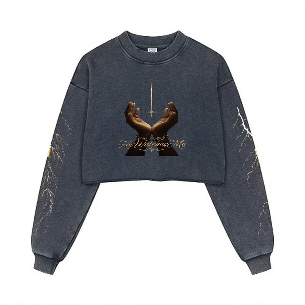 He watches me Women’s Cropped Distressed Sweatshirt
