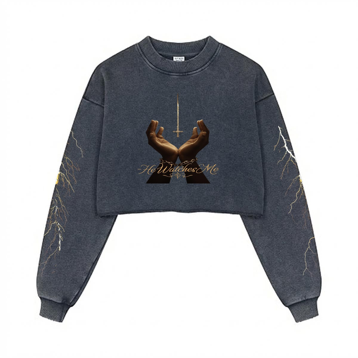 He watches me Women’s Cropped Distressed Sweatshirt
