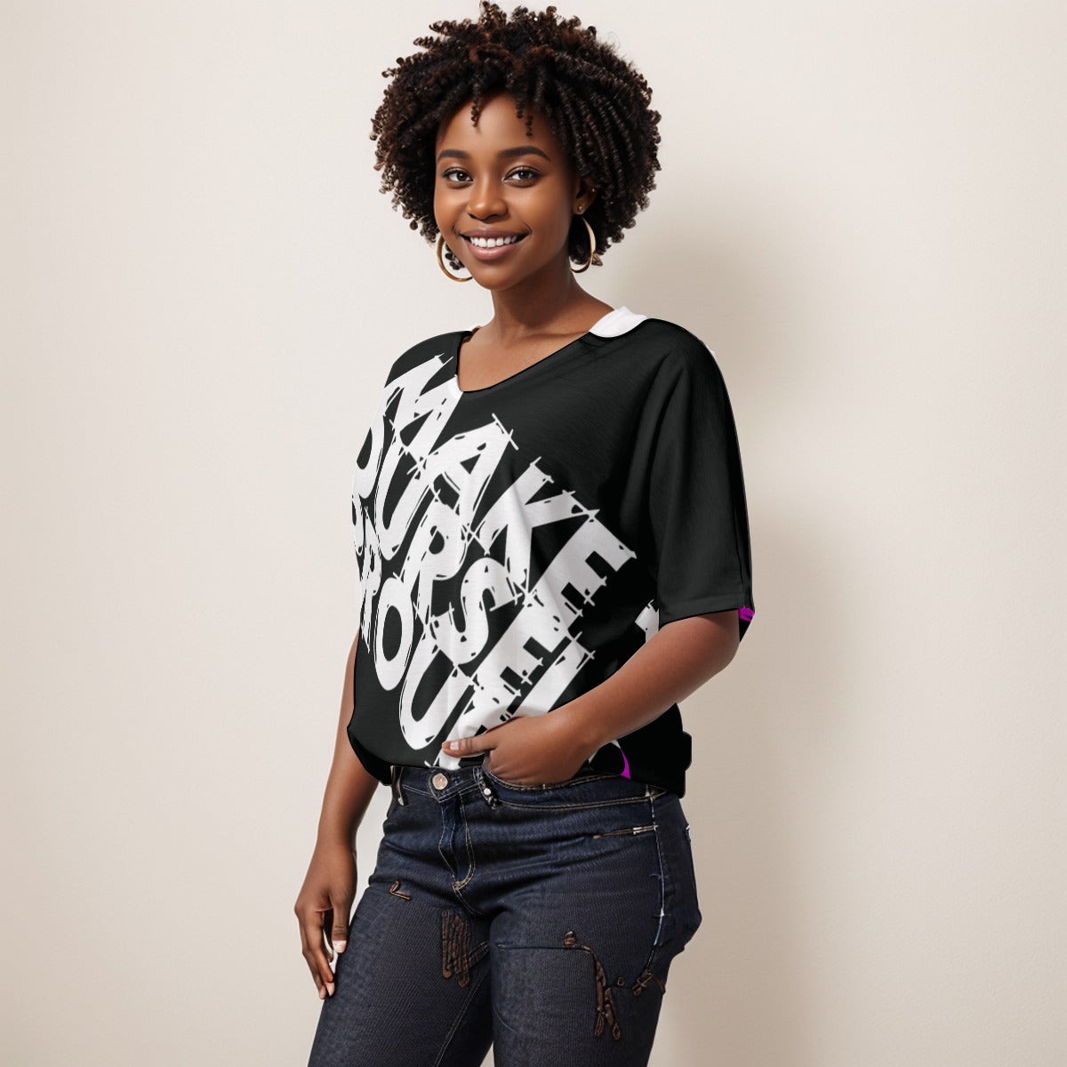 Make yourself proud Women's Bat Sleeves V-Neck Blouse