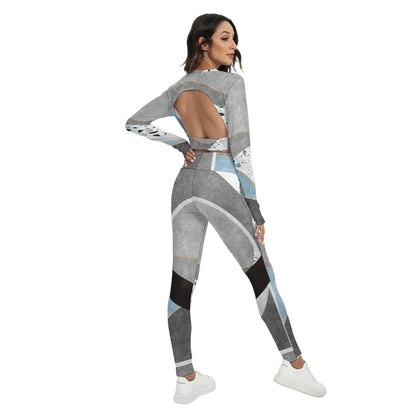 Marble Mix Women's Sport Set With Backless Top And Leggings