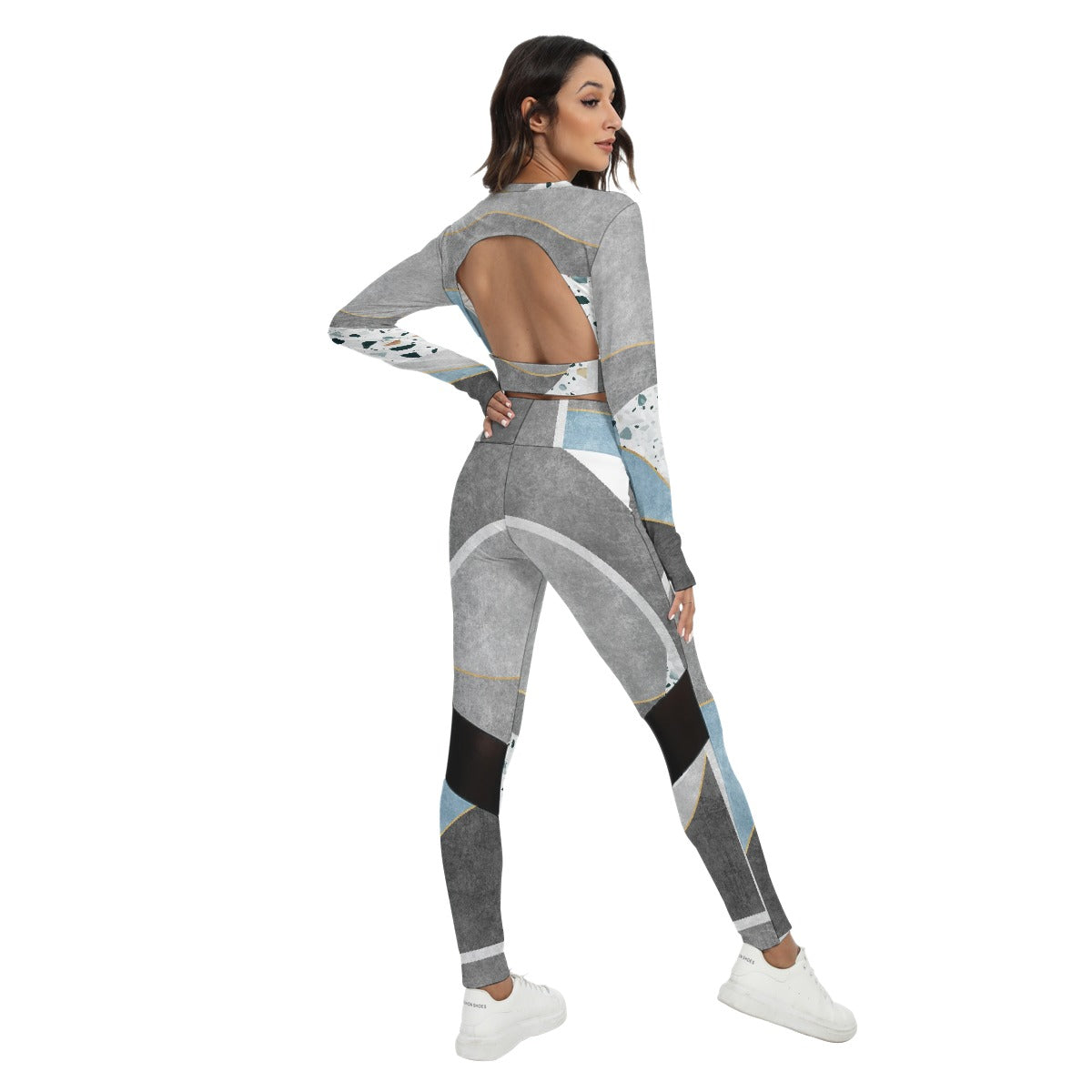 Gray Grey Women's Sport Set With Backless Top And Leggings