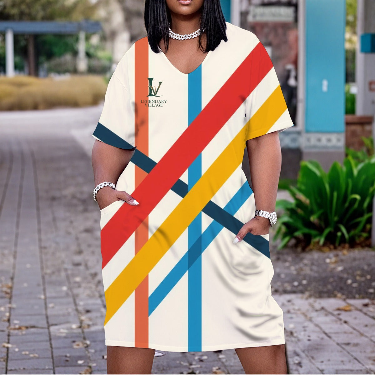 Stripe Search Women's V neck Dress