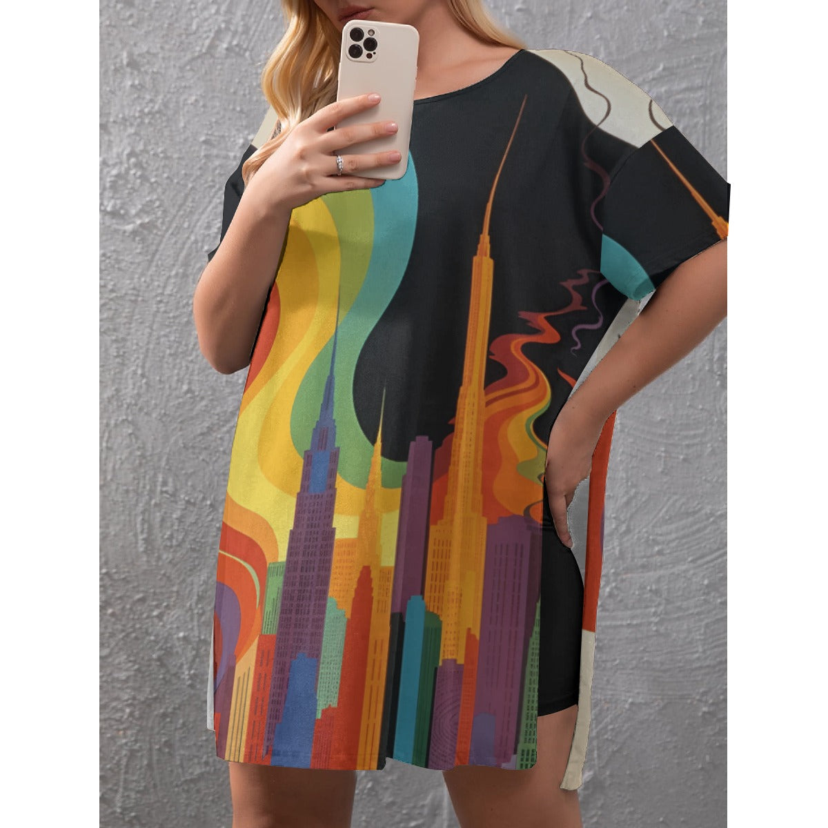 Colorful city Women's Drop-Shoulder T-Shirt with Side Split and Shorts (Plus Size)