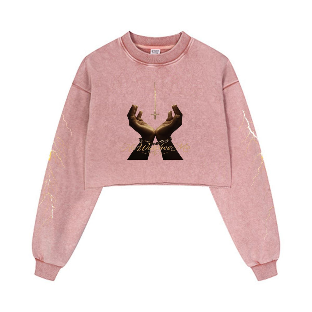 He watches me Women’s Cropped Distressed Sweatshirt