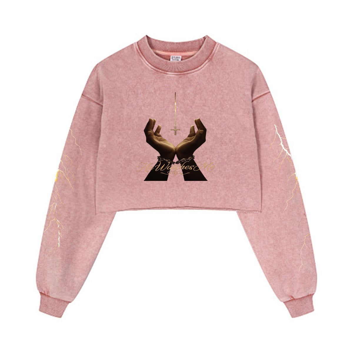 He watches me Women’s Cropped Distressed Sweatshirt