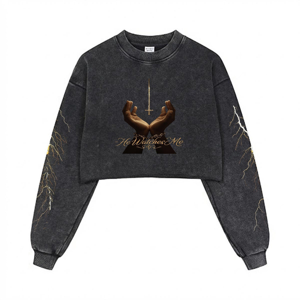 He watches me Women’s Cropped Distressed Sweatshirt