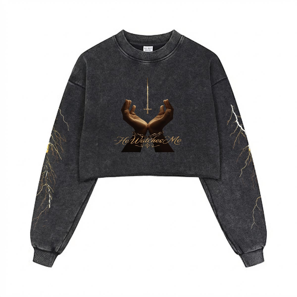He watches me Women’s Cropped Distressed Sweatshirt