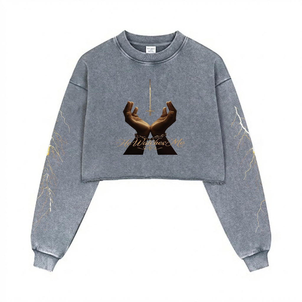 He watches me Women’s Cropped Distressed Sweatshirt