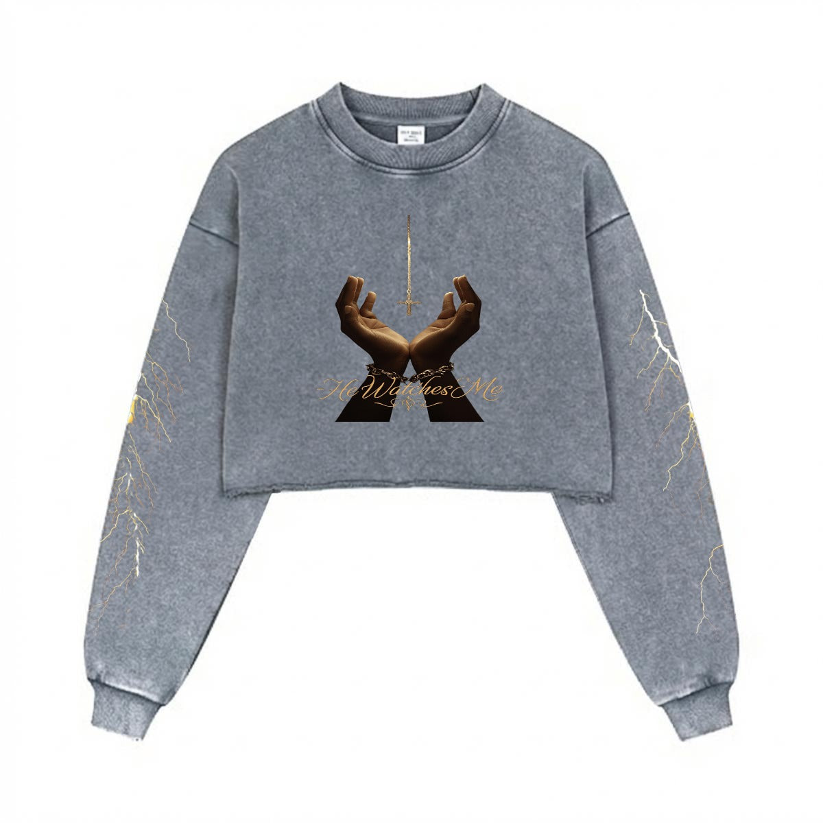 He watches me Women’s Cropped Distressed Sweatshirt